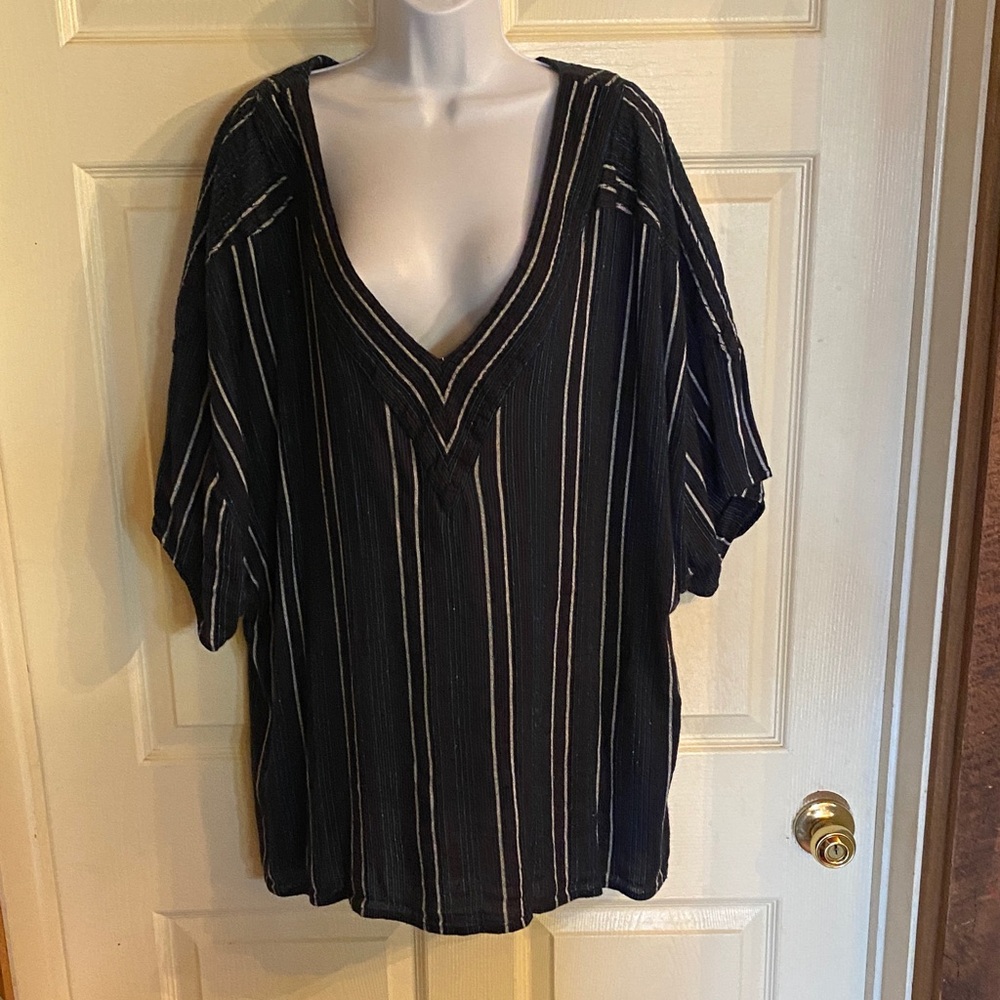 Free People Black and White Striped V-Neck Top